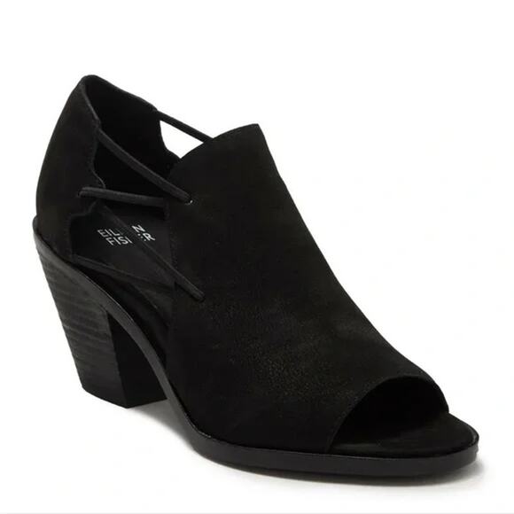 EILEEN FISHER “Nikki” Black Leather Open-Toe Booties US 7.5 - Picture 1 of 9